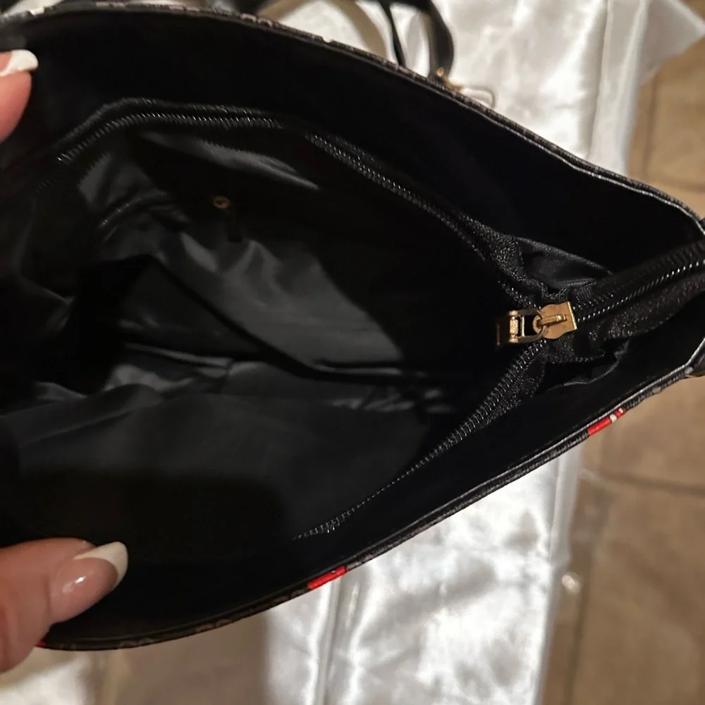 Character Print Black Crossbody Bag with Gold Chain